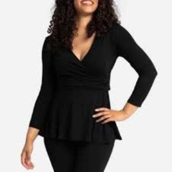 Betabrand Tops - Betabrand Womens Stretch Surplice Neck Long Sleeve Peplum Blouse Black Small